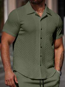 Manfinity Homme Camisa casual versátil de manga corta con textura y abotonadura sencilla para hombre - Verde militar - Ver 5