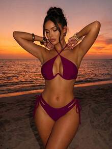 Swim SXY 女款夏季海灘純色掛脖綁帶性感比基尼三角褲兩件式泳衣套裝 - 中紫紅色 - 查看 2
