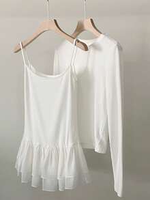 DAZY 2pcs Women's Solid Color Long Sleeve Base Layer T-Shirt & Chiffon Cami Top Set, White, Spring/Summer Lounge Sets For Women - White - View 1