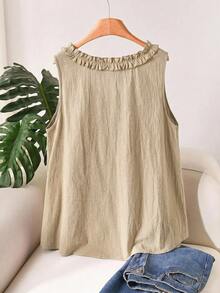 CosyJoli Plus Size Women's Solid Color Ruffle Trim Round Neck Casual Tank Top Holiday Beige Summer - Apricot - View 5