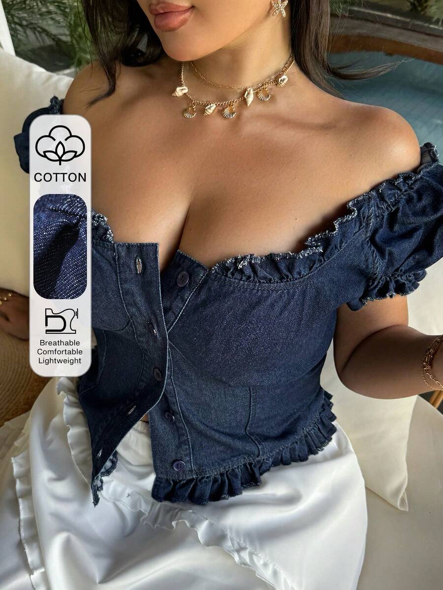 Dazy Plus 大尺碼女款毛邊拼接休閒西式牛仔短版上衣，春夏露肩上衣 - 深色水洗藍 - 查看 1