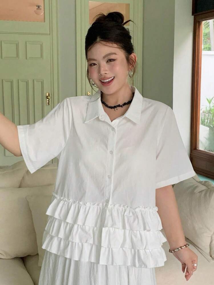 Dazy Plus Plus Size Women's Solid Color Ruffle Collar Casual Patchwork Short Sleeve Shirt, White, Spring/Summer