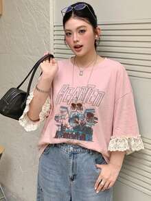 Dazy Plus T-shirt casual versátil de corte largo com bloco de cor, renda contrastante, manga curta e estampado de letras, para mulher e rapariga, tamanho grande, verão - Rosa - Ver 5