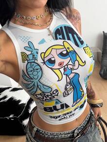 Coolane THE POWERPUFF GIRLS X SHEIN 休閒簡約圓領貼身女款背心上衣，適合夏季 - 彩色 - 查看 5