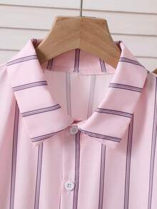 SHEIN Bộ 3 món áo sơ mi tay dài sọc in kỹ thuật số màu vàng, quần dài đen và áo hai dây, phù hợp đi chơi mùa xuân và mùa hè - Hồng - Xem 6