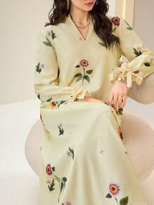 Al Najma Women's Casual Vacation Floral Print V-Neck Butterfly Sleeve Loose Arabic Style Dress, Spring/Autumn - Multicolor - View 6
