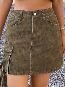 DAZY Women's Olive Green Print Denim Skirt With Large Pockets, Utility Street Casual Style Y2K Summer Everyday Daytime - Brown - View 6