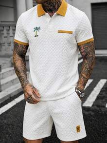Manfinity Homme Men's Knitted Jacquard Solid Color Textured Collar & Cuff Ribbed Chest Stripe & Embroidered Classic Two-Button Polo Set - White - View 5