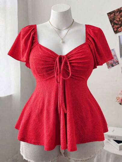 Sweetra CURVE Plus Size Women Square Collar Flutter Sleeve Textured Casual Cute Elegant A-Line T-Shirt
