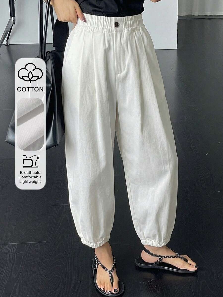 DAZY Women's Solid Color Elastic Waist Business Casual Long Pants - White - View 1