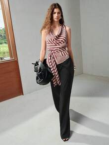 MOTF PREMIUM WOMEN'S STRIPED PRINT COWL NECK ASYMMETRIC HEM BELTED TOP - Brown - View 6
