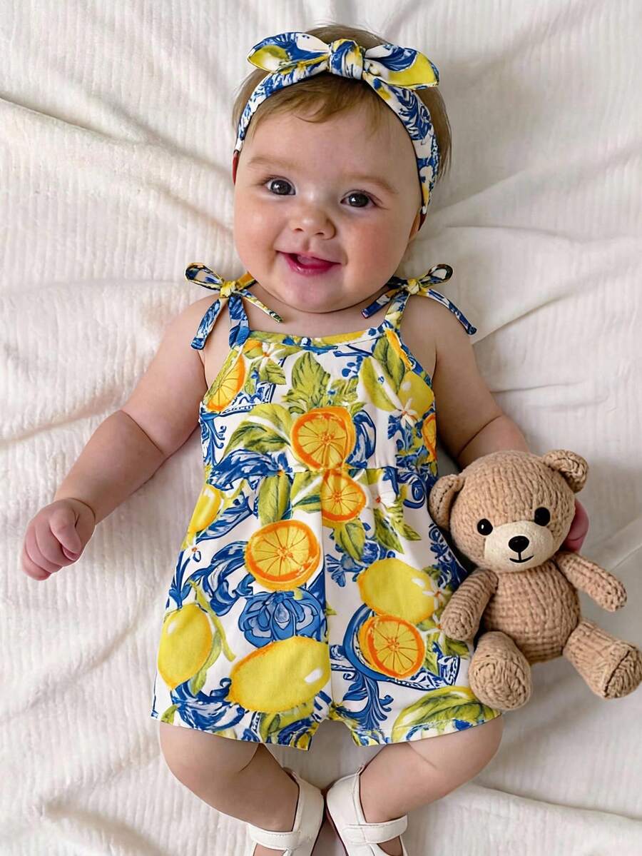 SHEIN Newborn Baby Girl Cute Summer Casual Fruit Print Strapless Romper - Yellow - View 1