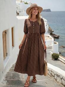 EMERY ROSE Women's Round Neck Mid-Sleeve Brown And White Polka Dot Long Dress Vacation Summer Boho - Multicolor - View 3