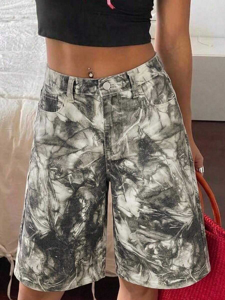SHEIN 青少年女孩時尚休閒 Y2K 復古酷感街頭風樹枝圖案牛仔寬鬆短褲,適合日常穿著、春夏 Rave 音樂節與街頭穿搭 - 軍綠色 - 查看 1