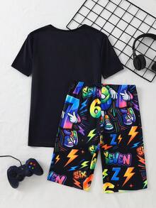 Teen Boys Rainbow Gradient American Graffiti Style SIX SEVEN (67) Number Print Cool Graphic Design Short Sleeve Shorts Snug Fit Pajama Loungewear Set - Black - View 2