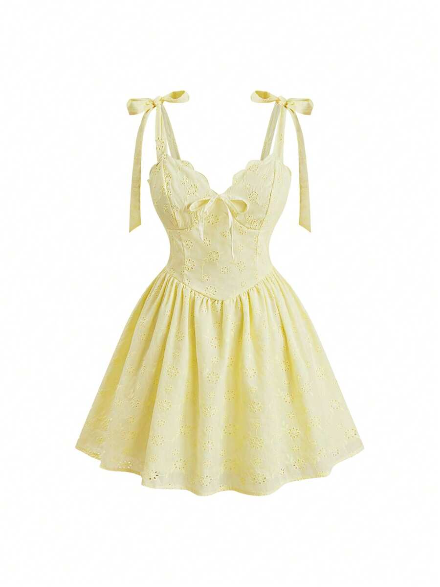 Sweetness Spring/Summer Vacation Sweet French Embroidery Fabric Waist-Cinched Tie A-Line Plus Size Dress - Yellow - View 1