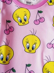 LOONEY TUNES X SHEIN 2 件套女婴卡通小鸟和樱桃印花粉色可爱甜美风格长袖 T 恤和紧身裤睡衣套装 - 彩色 - 查看 5