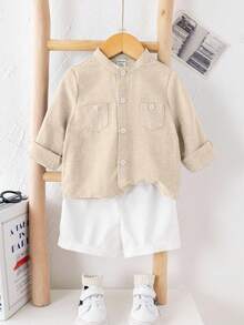 SHEIN 2件套男婴休闲都市风长袖立领衬衫和松紧腰短裤套装，适合生日派对、晚宴、演出、婚礼、迎婴派对、一周岁生日庆祝等场合。 - 杏色 - 查看 11