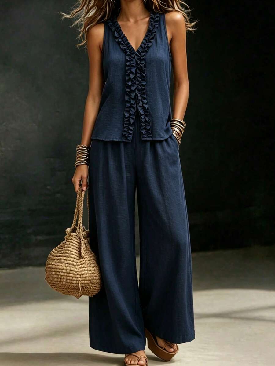 LUMIGAL V-Neck Frill Trim Camisole Pants 2 Pieces Set For Women, Summer Vacation Navy Blue Tropical Casual Elegant Vacation - Navy Blue - View 1