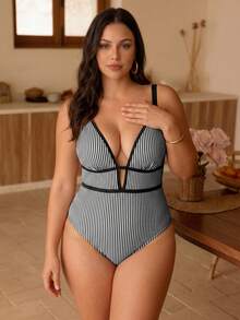 Swim Chiccia Plus Size Women's Vertical Stripe Print Vacation Beach One-Piece Swimsuit - Multicolor - View 5