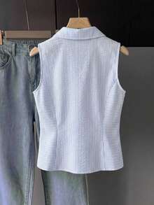 SHEIN 青少年女孩背心 & 吊帶上衣 女孩夏季條紋修身無袖襯衫，適合日常通勤、家庭聚會、畢業禮物、度假穿著 - 藍色 - 查看 3