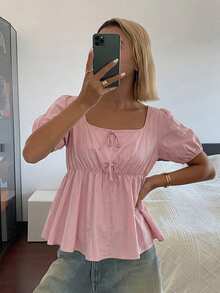 DAZY 女款方領蝴蝶結寬鬆版型夏季襯衫 - 粉色 - 查看 4
