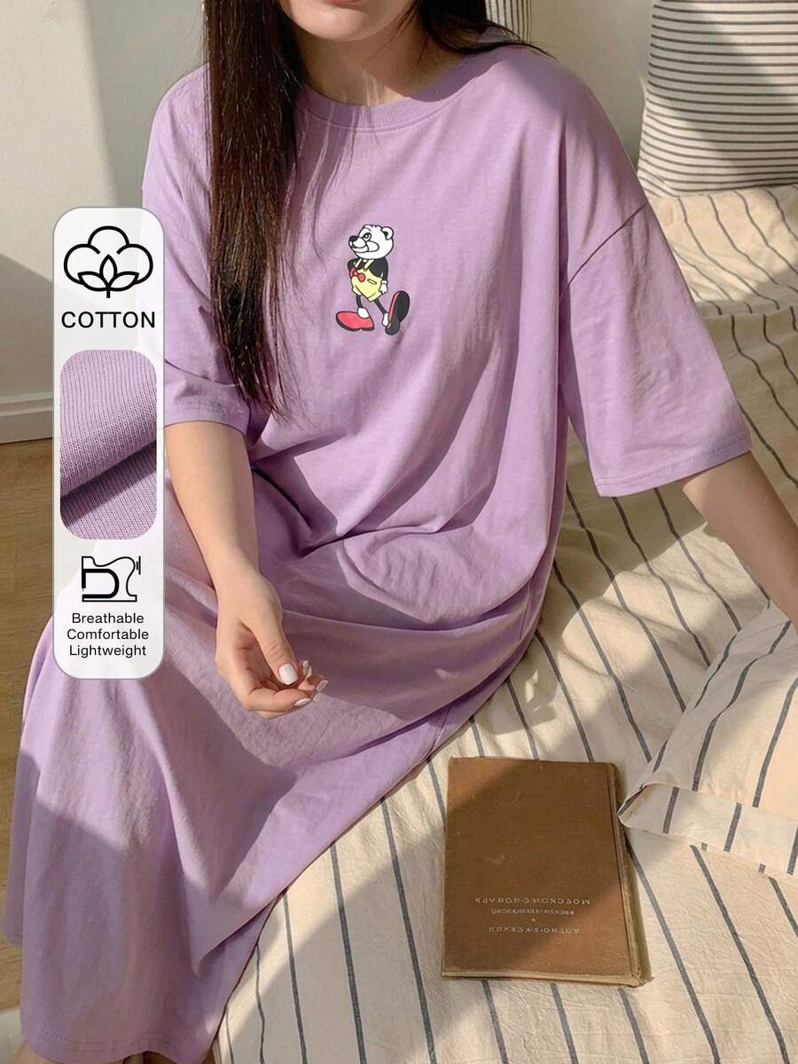 Dazy Plus Cartoon Pattern Loose Long T-Shirt Style Nightgown, Suitable For All Seasons - Purple - View 1