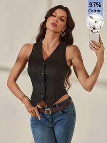 SHEIN Tall Gilet blazer con bottoni frontali tinta unita, comodo in misto cotone per autunno/inverno, per donne alte - nero - Visualizzare 4