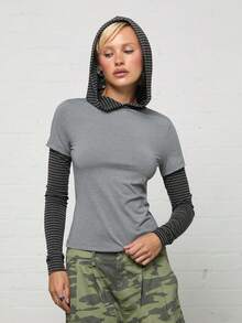 COUREZ Top ajusté à capuche superposé/Vêtements d'été Y2K Tenue d'été pour femmes Tenues de sortie Hauts d'été Hauts de sortie Hauts mignons Hauts pour femmes - Gris foncé - Voir 5