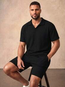 COMVAIL Men's Plus Size Solid Color Short Sleeve Polo Shirt And Shorts Casual Set Vacation Black Summer - Black - View 1