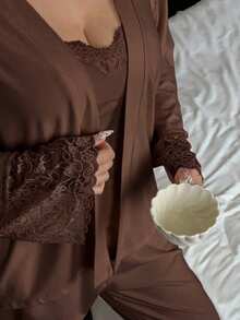 Dazy Plus Fashionable 3-Piece Home Wear Set, Slim Fit Camisole, Contrast Lace Cardigan, Pants, Elegant Plus Size Women's Pajama Set - Brown - View 5