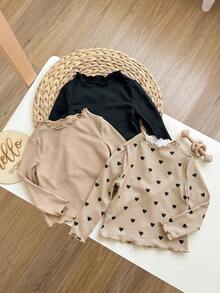 Baby Girl 3pcs Casual Heart Pattern Knit Long Sleeve Top Set - Multicolor - View 5