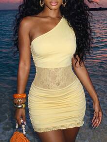Slaydiva New Summer Styles: One-Shoulder, Pleated, Bodycon, Mini Dresses, Lace-Trimmed, Sheer Lace Trim, Club Dresses, Party Dresses-A,Dresses For Women Summer - Light Yellow - View 4