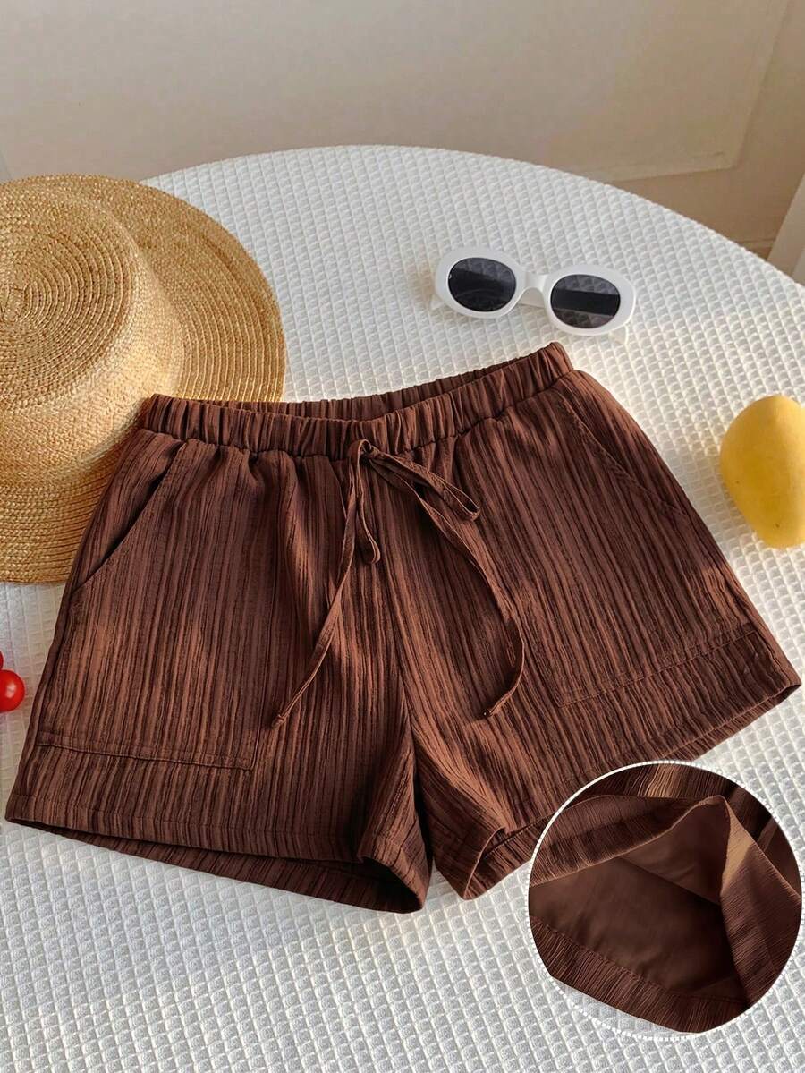 SHEIN EZwear 女款巧克力棕色腰部繫帶口袋休閒百搭短褲 - 巧克力棕 - 查看 1