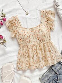 SHEIN VCAY Plus Size Women's Vacation Floral Ruffle Short Sleeve Fashion Shirt Vacation Wedding Guest Beige Summer Boho - Multicolor - View 1