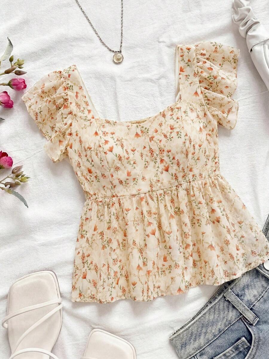 SHEIN VCAY Plus Size Women's Vacation Floral Ruffle Short Sleeve Fashion Shirt Vacation Wedding Guest Beige Summer Boho - Multicolor - View 1