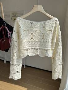 Comfortcana Women's Plus Size Bell Sleeve Hollow Out Knit Cardigan Winter - Apricot - View 2