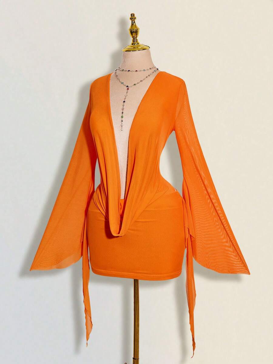 SHEIN ICON 性感寬鬆大碼垂領網格拼接露背迷你洋裝 - 橘色 - 查看 1