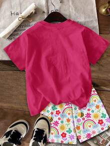 Young Girl Casual Minimalist Cute Childlike Floral Face, Rainbow, Insect, Butterfly Print Short Sleeve And Shorts 2-Piece Set, Suitable For Summer, Cozy Spring And Summer Styles - Multicolor - View 3