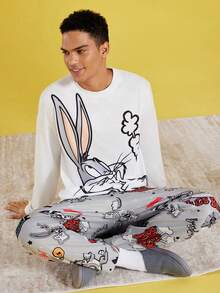 LOONEY TUNES X SHEIN 男士休闲宽松针织卡通兔子印花长袖T恤和趣味灰色长裤两件套家居服，秋冬服装 - 白色 - 查看 5
