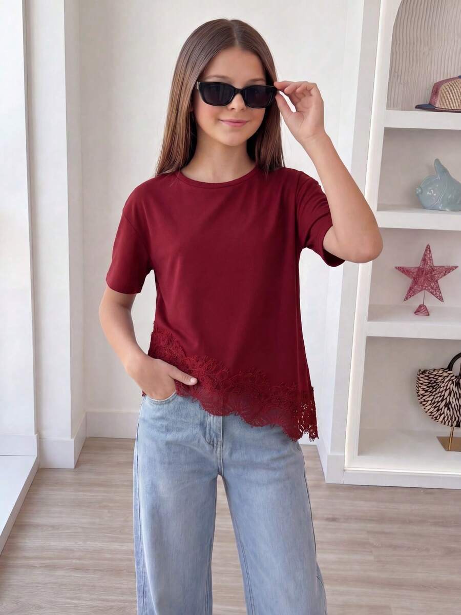SHEIN Sparklyn 青少年女孩夏季休閒純色蕾絲拼接T恤,套裝,舒適,日常,極簡,度假,返校,可愛 - 酒紅色 - 查看 1