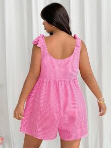 GalTyme Women's Plus Size Plaid Shoulder Bow Decor Short Jumpsuit - Hot Pink - View 2
