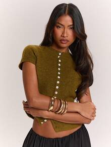 SHEIN BAE Regular Women's Button Knit Top - Green - View 5