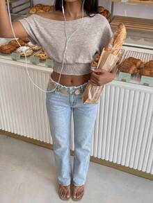 FavEase Women's Spring/Summer Knitted Asymmetrical Shoulder Khaki Short Sleeve Cinched Waist T-Shirt, Comfortable Casual Versatile Daily Wear Summer Asymmetric Shoulder T-Shirt - Khaki - View 6