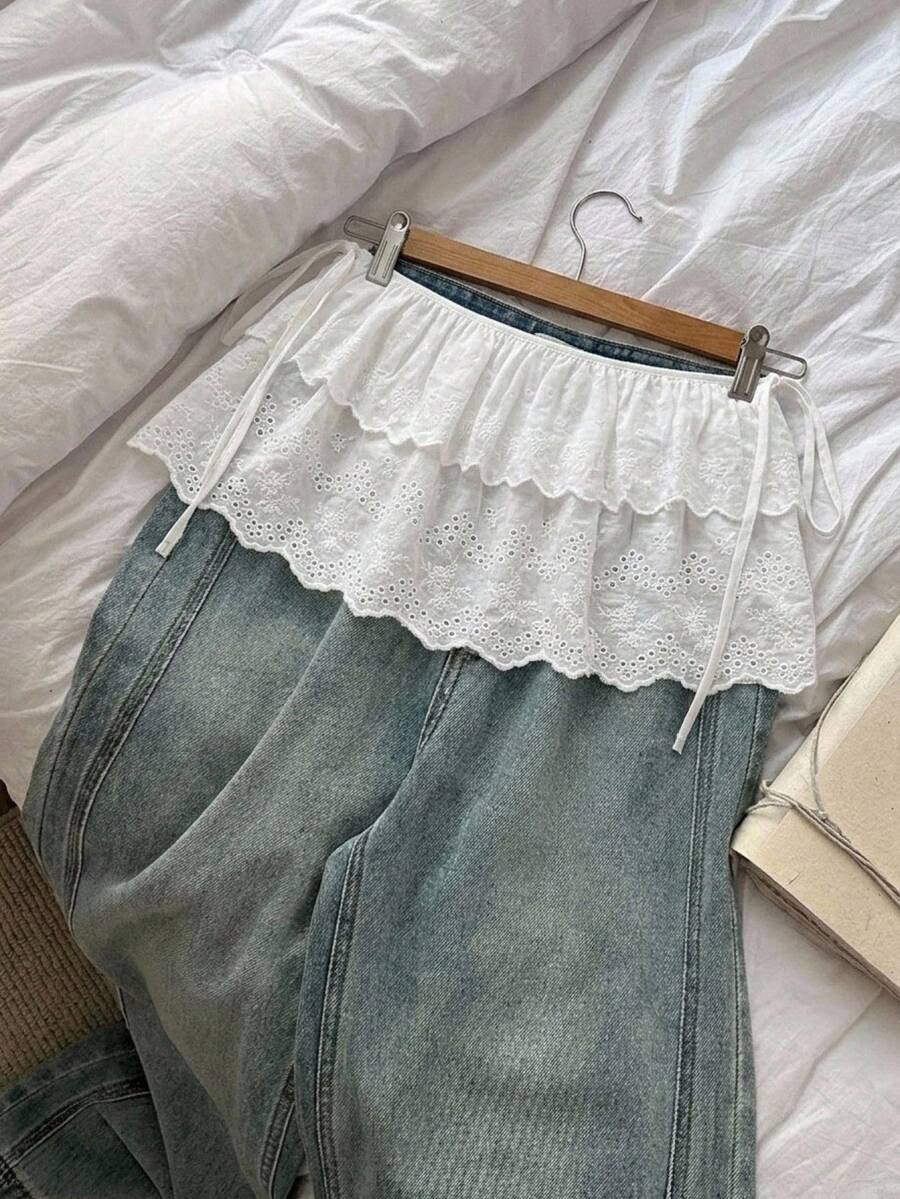 Dazy Plus Plus Size Women 2-Layer Lace-Up Layered Casual White Pleated Mini Skirt , Fall Boho Vacation - White - View 1