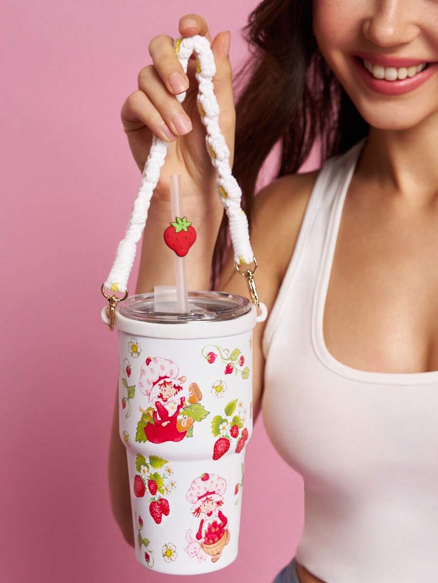 Strawberry Shortcake X SHEIN 500ml /16 Oz 真空隔熱不鏽鋼杯,1個防漏蓋,適用於熱飲/冷飲,適用於大多數杯架 - 白色 - 查看 1