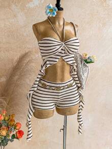 Soleia New Vacation Blue & White Striped Camisole Top And Mini Skirt Set, Summer, Spring, Vacation, Beach, Outing, Striped Two Pieces Set, Women's Vacation Two Pieces Set, Summer Two Pieces Set, Red & White Swimsuit, Swimwear Two Pieces Set, Party Outfit, Ruffle - Coffee Brown - View 6