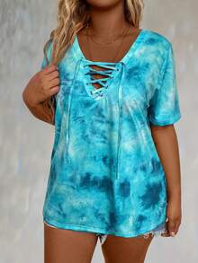LONESS Plus Size Tie-Dye Printed Drawstring Short Sleeve Summer T-Shirt - Multicolor - View 5