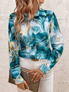 SHEIN Clasi Marble Print Button Front Long Sleeve Shirt,Long Sleeve Tops - Teal Blue - View 5