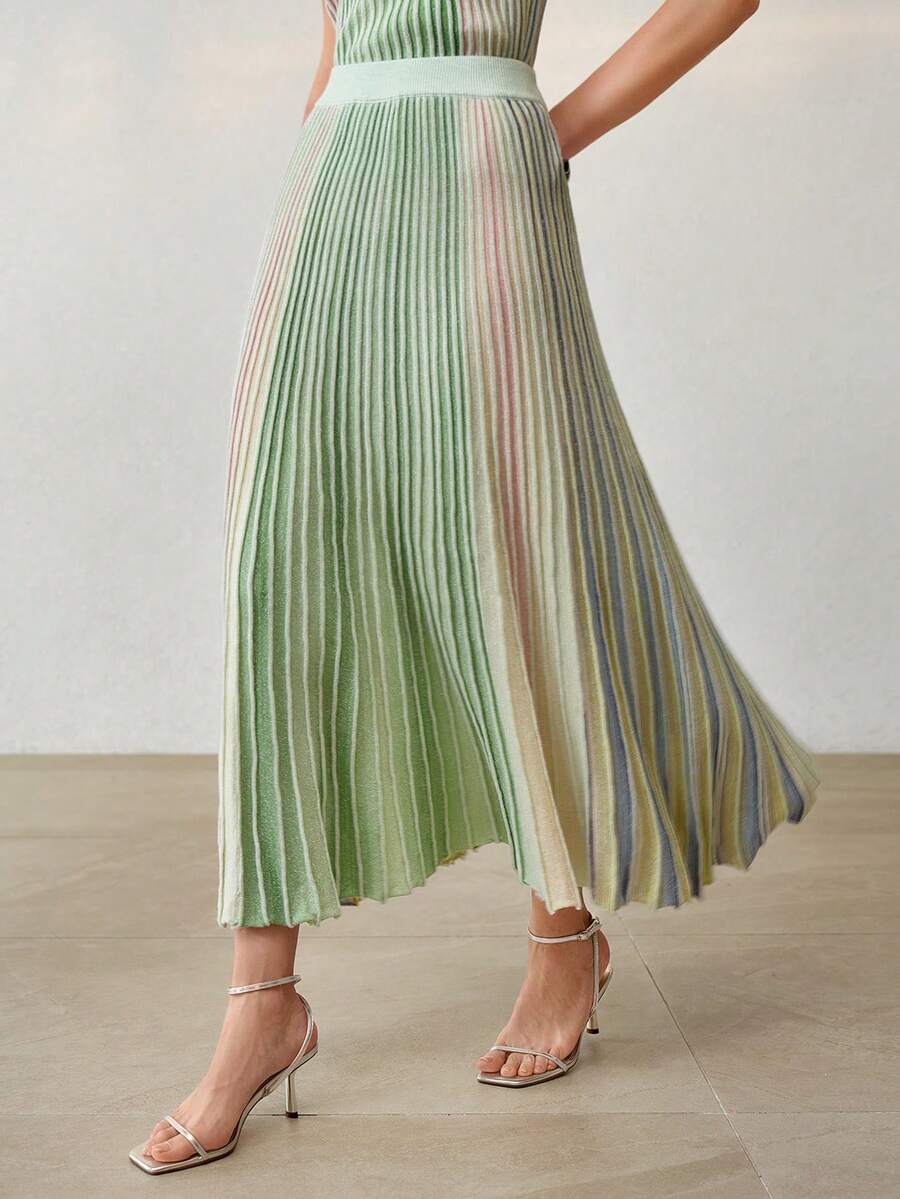 MOTF PREMIUM CONTRAST COLOR STRIPED KNIT SKIRT - Green - View 2